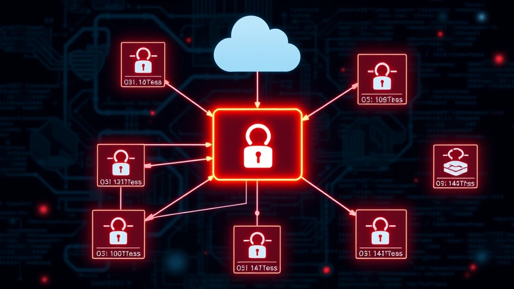 Network security infrastructure diagram visualization with interconnected nodes, firewalls, and data flow patterns, abstract digital representation, no text or code visible