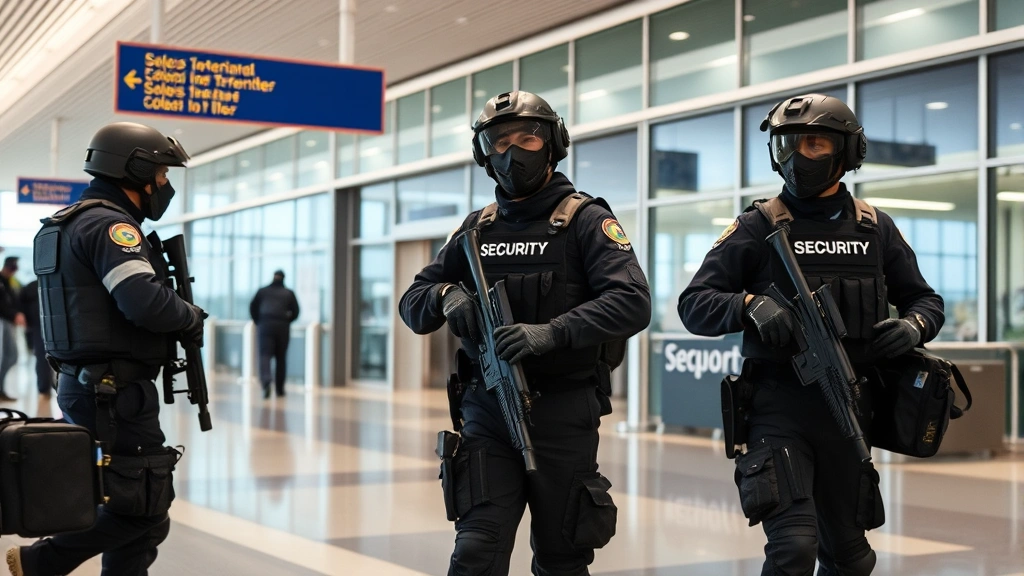 Airport security team in tactical gear conducting emergency response drill at terminal entrance, demonstrating coordination and preparedness, realistic training scenario photography
