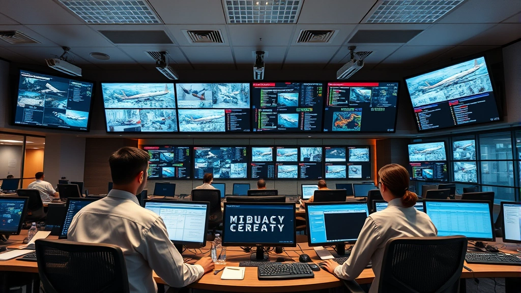 Airport control room with security professionals managing surveillance systems and airport operations, modern security command center with multiple displays, professional security team coordinating airport safety and passenger protection systems