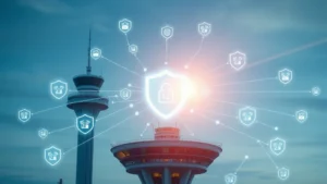 Airport control tower with network security visualization overlay showing digital shields and connected nodes protecting infrastructure systems