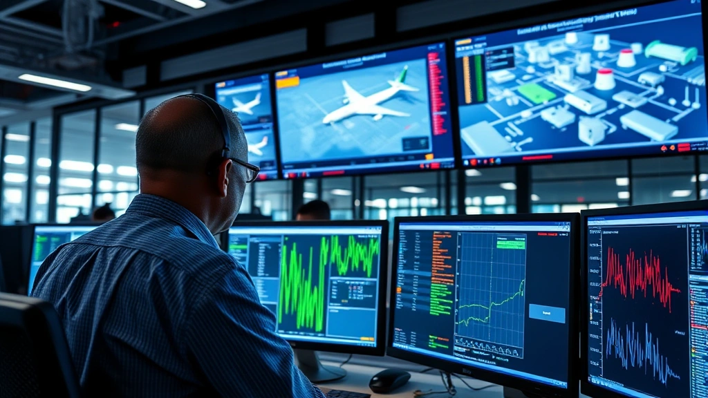 Security professional monitoring multiple computer screens displaying real-time threat detection alerts and network traffic analysis in modern airport security operations center