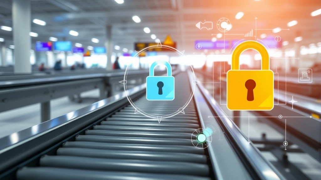 Airport baggage handling conveyor system with digital security lock indicators and encryption symbols representing protected operational technology systems