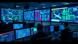 Modern airport security operations center with multiple monitors displaying network traffic and threat detection systems, security professionals monitoring real-time data feeds, blue and green data visualizations on screens, professional cybersecurity environment with dim lighting and focused atmosphere
