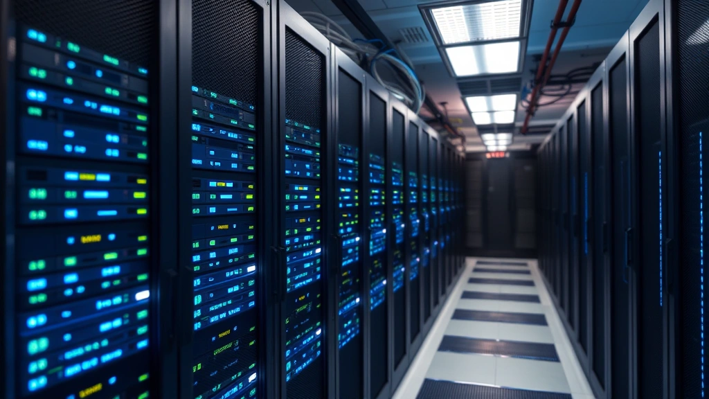 Data center server room with rows of secure equipment, blue LED indicators, network cables, and security infrastructure protecting airport systems, professional secure facility with climate control, representing critical infrastructure protection and data security