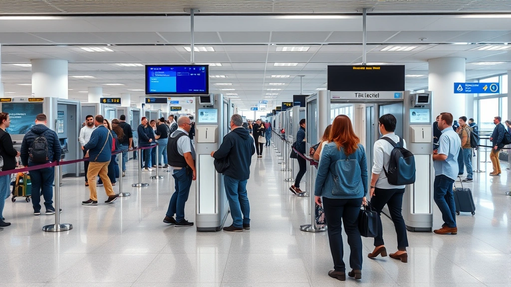 Professional security checkpoint area with TSA agents and X-ray equipment at modern airport terminal, passengers in organized queue lines, neutral professional environment, photorealistic, no text or signage visible
