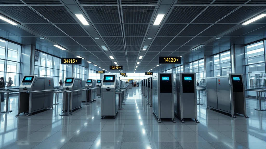 Airport security technology setup showing modern scanning equipment and metal detectors in sleek terminal environment, professional lighting, no people in frame, photorealistic, clean modern aesthetic