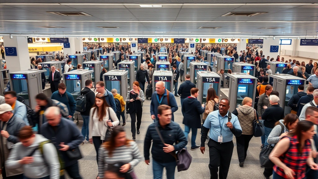 Busy airport security screening area with multiple checkpoint lanes during daytime operations, diverse passengers moving through queues, professional TSA personnel, dynamic motion, photorealistic, no identifying text