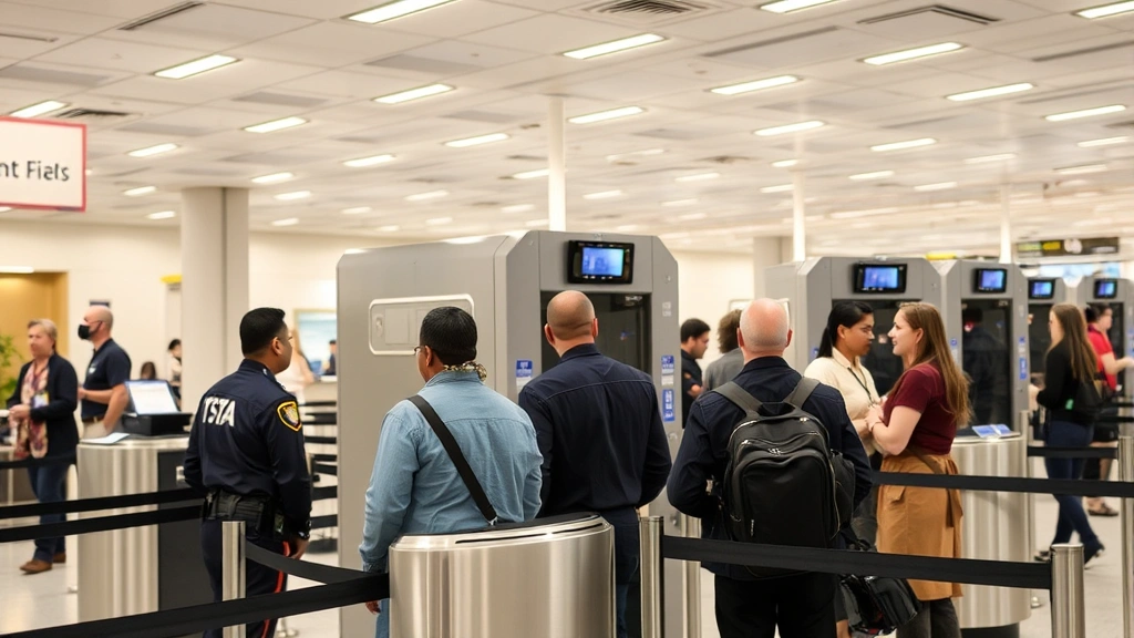 Modern airport security checkpoint with TSA officers screening passengers, advanced imaging technology visible, professional airport environment, no text or signs visible, daytime lighting, busy but organized checkpoint area
