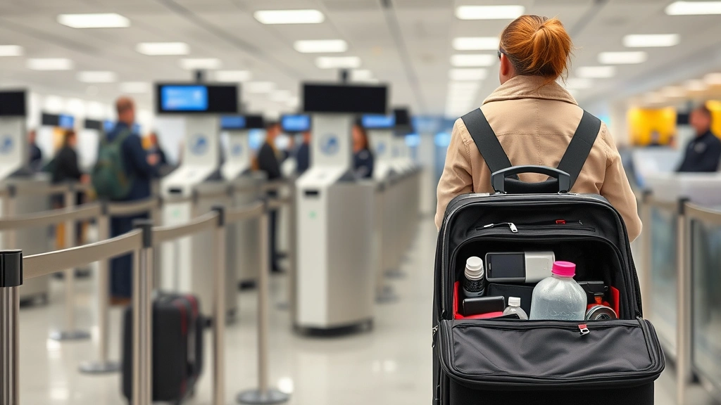 Airport traveler at security checkpoint with organized carry-on luggage, removed electronics and liquids clearly visible, passenger appearing calm and prepared, TSA screening lane background, professional and calm atmosphere, no visible faces or identifying features
