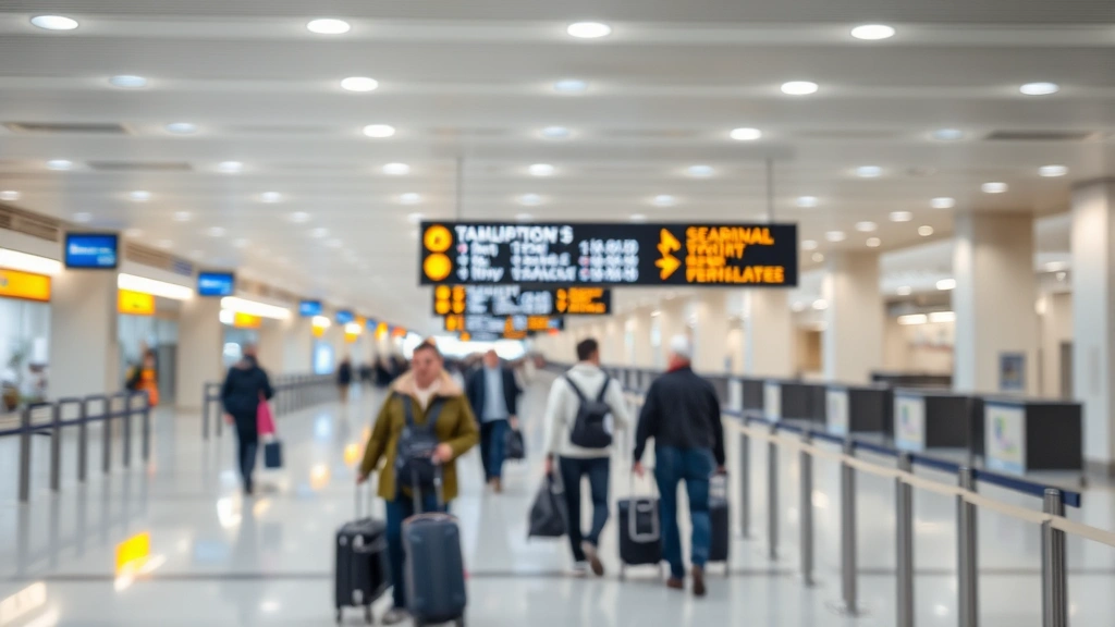 Airport terminal corridor with directional signage blurred in background, passengers walking with luggage, modern airport architecture, bright professional lighting, multiple security lanes visible but no readable text, generic airport environment