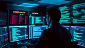 Cybersecurity analyst examining network traffic on multiple monitors in a dimly lit security operations center, showing data packets and security alerts flowing across screens, professional atmosphere with blue and green lighting