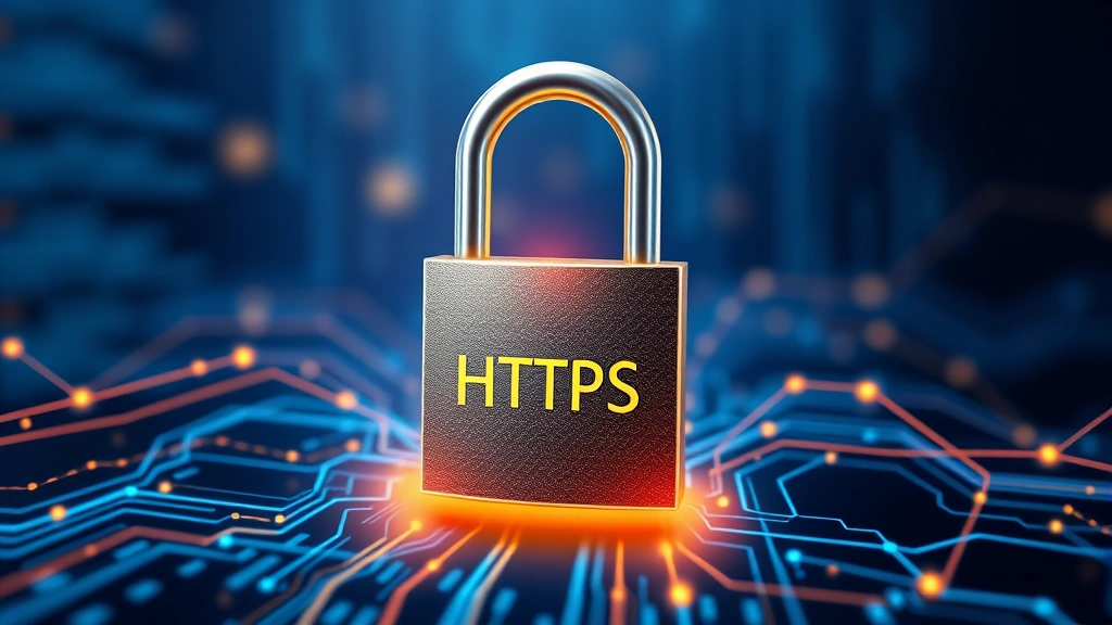 Digital illustration of a locked padlock overlaid on flowing data streams and network connections, representing HTTPS encryption and secure AJAX communication, abstract cybersecurity concept with blue and gold colors