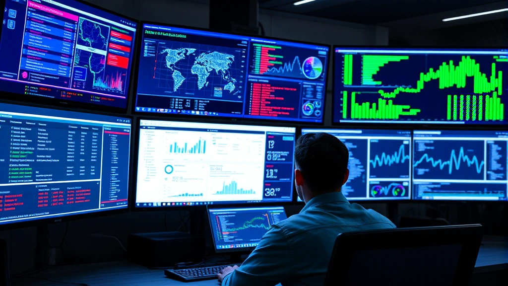Cybersecurity professional monitoring multiple screens displaying network traffic visualization, threat alerts, and security dashboard metrics in a modern operations center with blue and green data streams flowing across displays