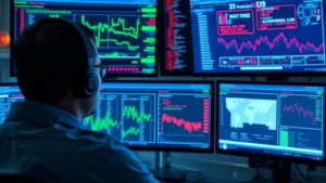 A cybersecurity professional monitoring digital threats on multiple screens showing network traffic patterns and spam detection dashboards with real-time data visualization