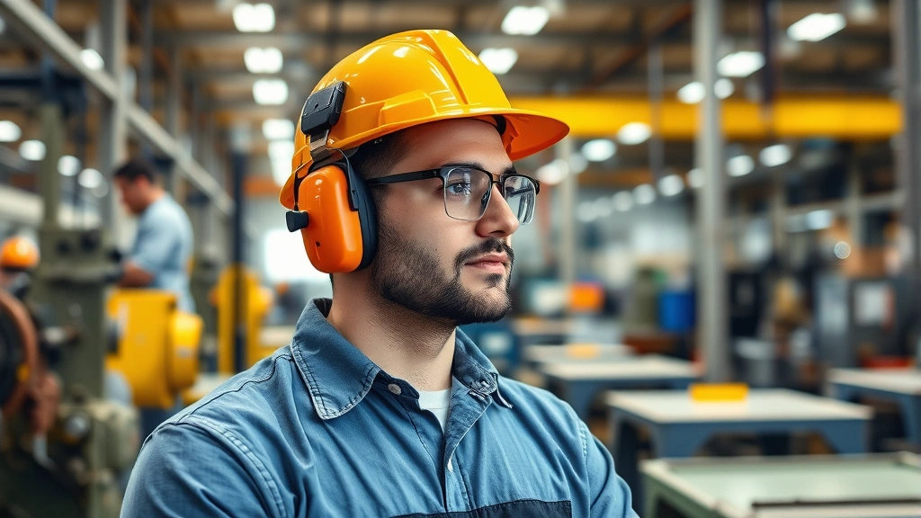 Professional worker wearing modern hearing protection equipment in bright manufacturing facility with industrial machinery, metal workstations, and safety lighting. Clear focus on proper ear protection fit and industrial setting authenticity.