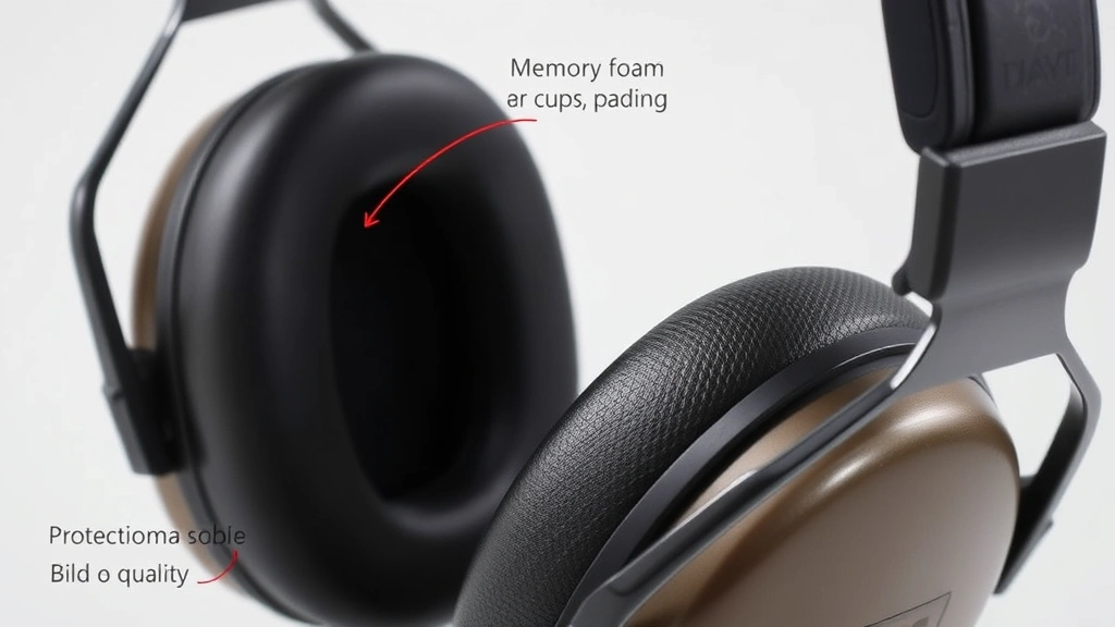 Detailed close-up of advanced hearing protection device showing memory foam ear cups, headband padding, and protective materials. Professional product photography with neutral background emphasizing comfort design elements and build quality.