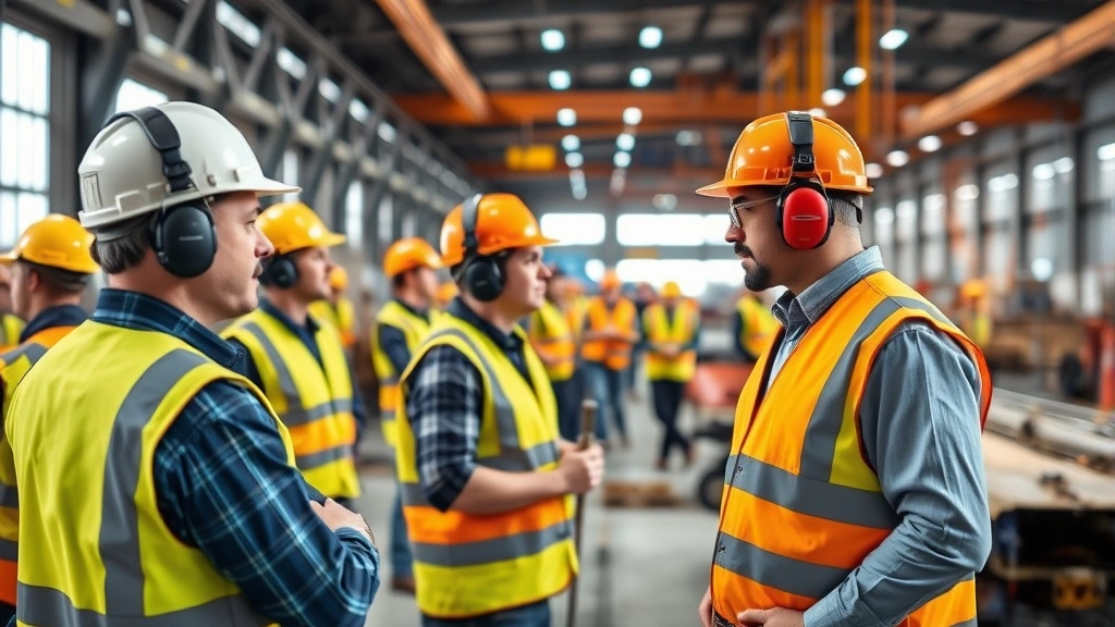 Industrial workplace environment showing multiple workers in safety gear at construction or manufacturing site. Demonstrates hearing protection in actual working conditions with various noise sources, heavy equipment, and collaborative team activities.