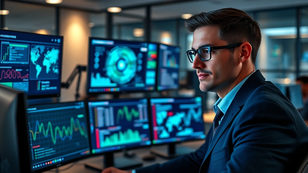Professional cybersecurity analyst working at a modern Security Operations Center with multiple monitors displaying real-time threat dashboards and network monitoring systems. Blue and green holographic-style data visualizations. Focused, concentrated expression. Professional business attire. Modern office environment with ambient lighting.