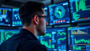 Close-up of cybersecurity professional monitoring multiple screens displaying network traffic analysis and threat detection dashboards in a modern security operations center, blue and green data visualizations glowing on dark monitors