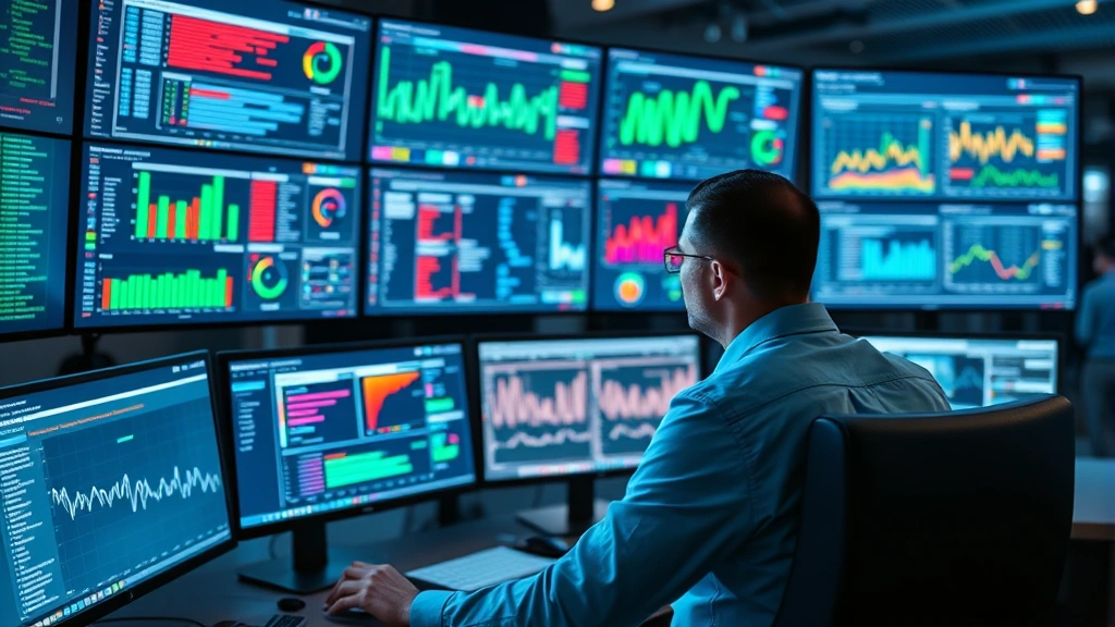 Cybersecurity professional monitoring network traffic on multiple screens with data visualization dashboards showing threat detection and security metrics in a modern operations center