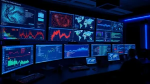 Cybersecurity operations center with multiple monitors displaying network traffic analysis, heat maps, and threat intelligence dashboards in a modern command center environment with dim blue lighting