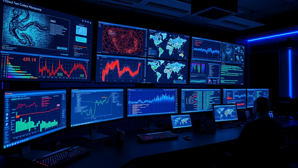 Cybersecurity operations center with multiple monitors displaying network traffic analysis, heat maps, and threat intelligence dashboards in a modern command center environment with dim blue lighting