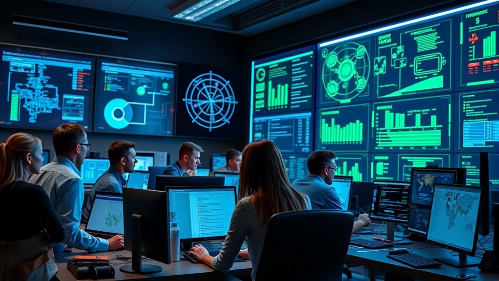 Team of cybersecurity professionals collaborating in a high-tech security operations room. Multiple people at workstations with large wall displays showing network topology and security metrics. Diverse team members engaged in discussion. Modern equipment and professional setting with cool blue and green lighting.