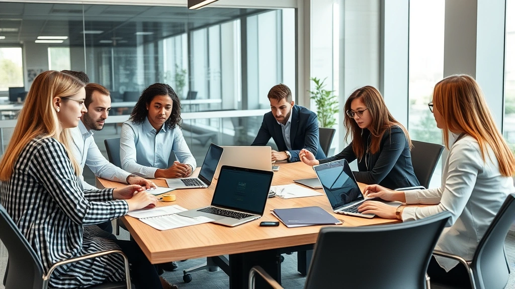 Team of diverse IT security professionals in modern office setting reviewing security policies and compliance documentation on a conference table with laptops and security certificates visible, focused professional atmosphere