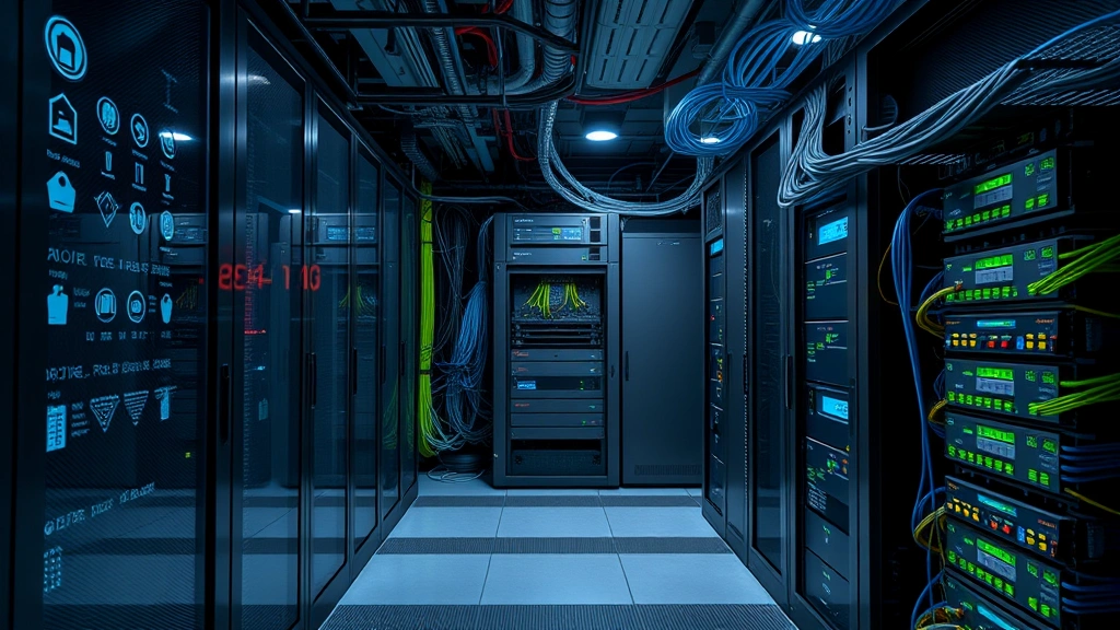 Secure server room with organized network infrastructure, fiber optic cables, and security equipment illustrating enterprise data protection systems for educational institutions