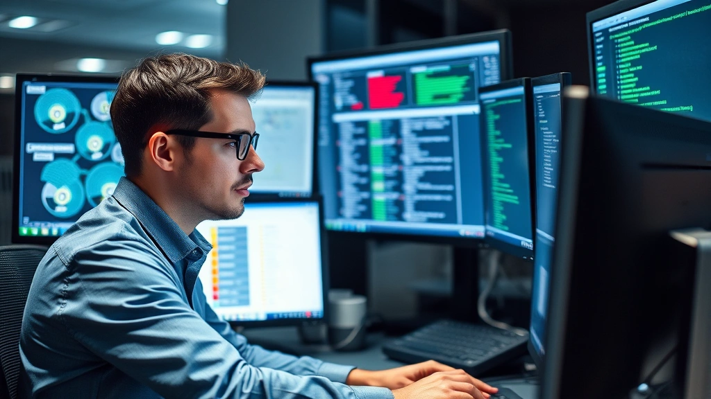 Cybersecurity professional conducting penetration testing, shown working at a computer with network diagrams and security tools visible. Multiple monitors displaying security assessments and vulnerability scanning results. Concentrated, analytical expression. Professional technical environment with modern equipment and professional workspace.