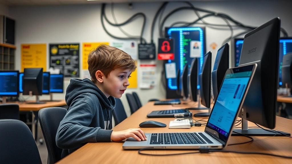 Student using laptop in school computer lab with secure network infrastructure visible in background, engaged in cybersecurity training with security awareness posters on walls behind them