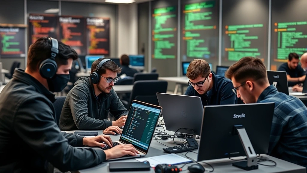 Team of security professionals conducting vulnerability assessment and penetration testing in collaborative environment with laptops and security tools visible