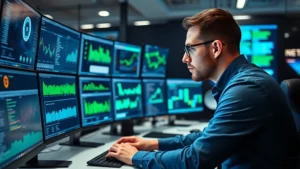 Professional cybersecurity analyst reviewing security dashboards on multiple monitors in modern operations center, focused concentration, blue and green data visualizations visible
