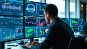 Professional cybersecurity analyst reviewing digital security dashboard with multiple screens showing network monitoring data and threat intelligence metrics in modern corporate office environment