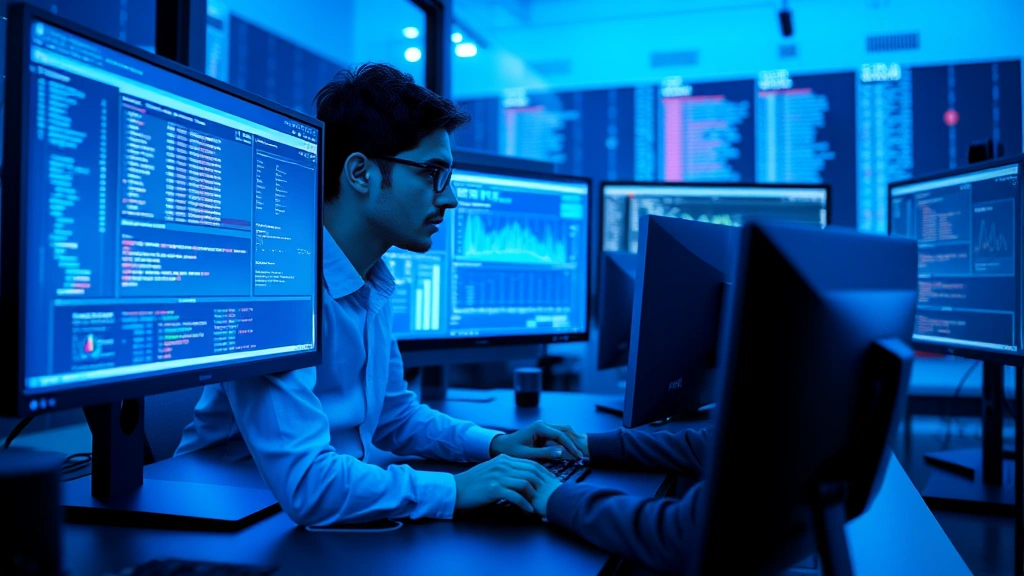 Professional cybersecurity analyst reviewing security metrics on multiple monitors in modern blue-lit SOC environment, hands on keyboard, focused expression, no visible code or text on screens