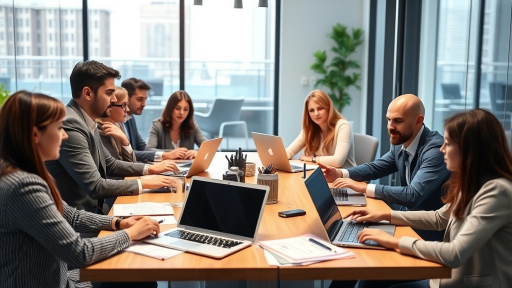 Diverse team of IT security professionals collaborating around conference table with laptops and documents, discussing compliance frameworks and regulatory requirements in well-lit corporate setting