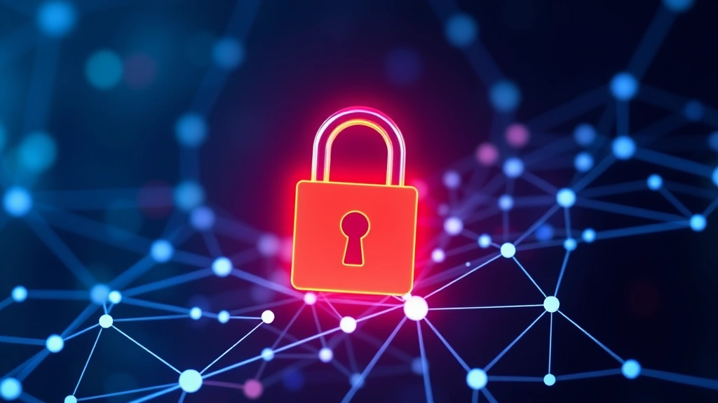 Data protection concept showing locked digital padlock overlaid on flowing network nodes and connections, representing encrypted data security and information safeguarding