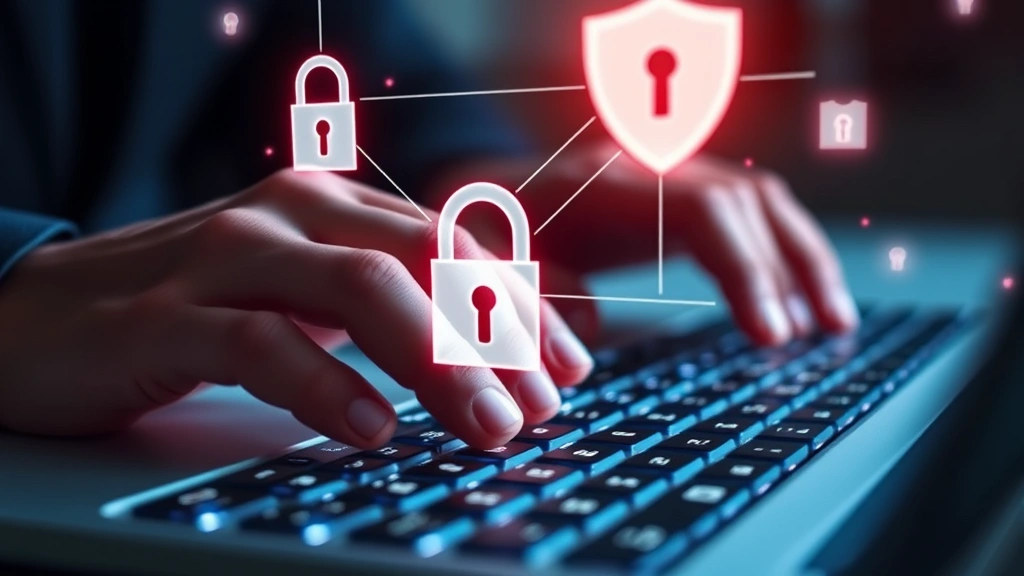 Close-up of hands typing on keyboard with glowing digital locks and shield icons floating above, representing data encryption and security protection in modern technology environment