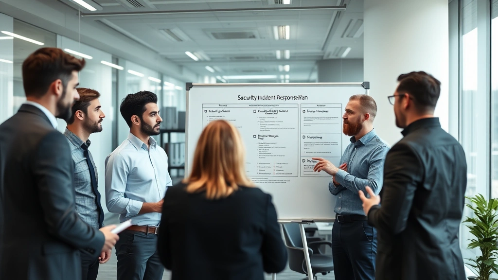 Diverse team of cybersecurity professionals in modern office reviewing security incident response plan on whiteboard, collaborative discussion atmosphere, professional attire