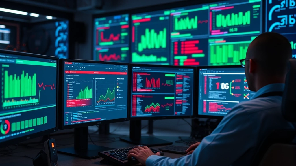Network security analyst monitoring multiple computer screens displaying real-time threat detection dashboards with red alerts and green secure indicators in a modern cybersecurity operations center environment