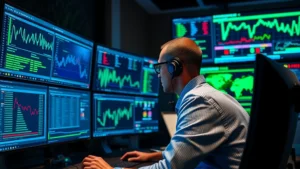 Professional cybersecurity analyst monitoring multiple screens displaying network traffic analysis and threat detection dashboards in a modern security operations center, blue and green data visualizations, focused concentration