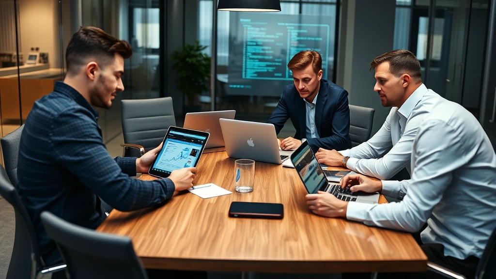 Professional IT security team collaborating around a conference table with laptops and tablets, reviewing security reports and discussing incident response strategies in a corporate office