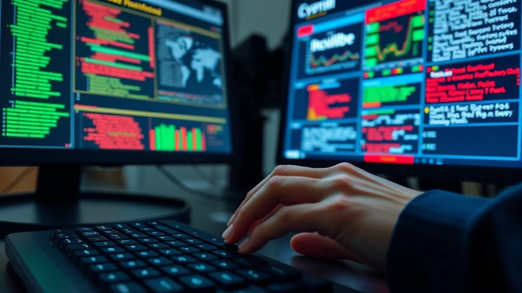 Close-up of a professional cybersecurity professional's hands typing on keyboard while reviewing incident response data and threat intelligence reports on multiple monitors simultaneously