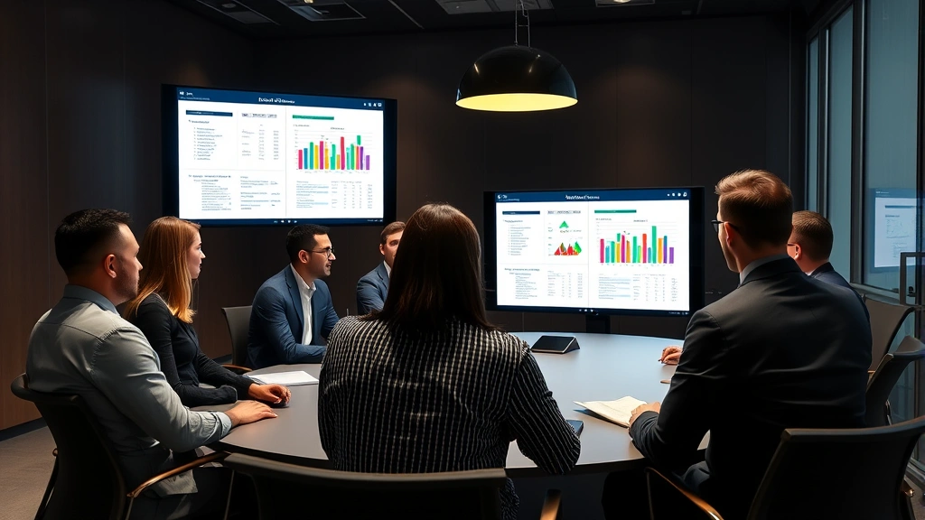 Team of security professionals in conference room reviewing security assessment reports and risk matrices on large display screens, collaborative problem-solving environment, diverse team members