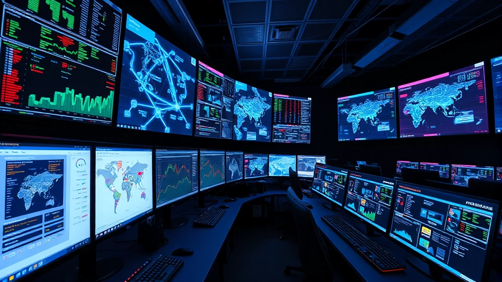 Advanced security operations center with rows of workstations displaying cybersecurity metrics, network topology maps, and threat intelligence feeds with blue and red visual indicators representing network security status