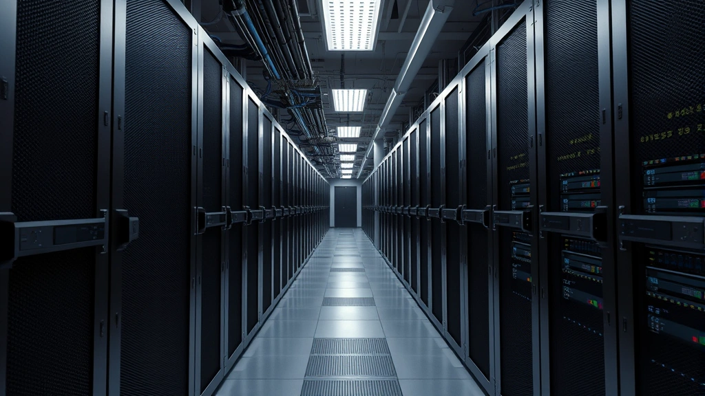 Data center with rows of secure servers and networking equipment, professional infrastructure with security lighting, locked access panels, representing protected critical infrastructure