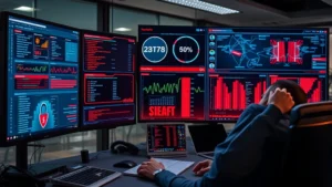 Cybersecurity analyst monitoring threat detection dashboard with red alerts and network visualization, professional office environment, focused expression