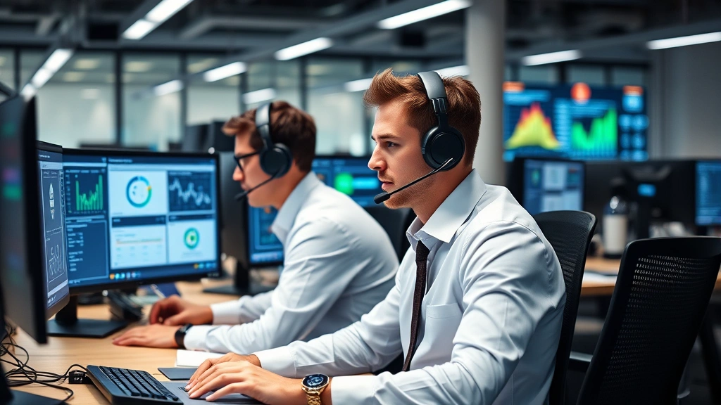 Professional cybersecurity support team members wearing headsets at workstations with multiple monitors displaying security dashboards and threat intelligence data, collaborative office environment with modern equipment
