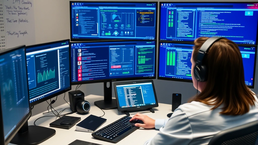 Senior security engineer conducting remote incident response call with customer, multiple screens showing real-time threat detection systems, network monitoring tools, and security alerts in professional setting