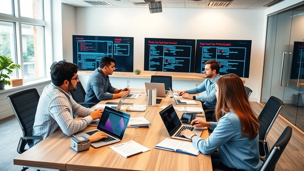 Diverse support team collaborating around conference table with laptops and security documentation, reviewing threat intelligence reports and incident response procedures in well-lit modern security operations center